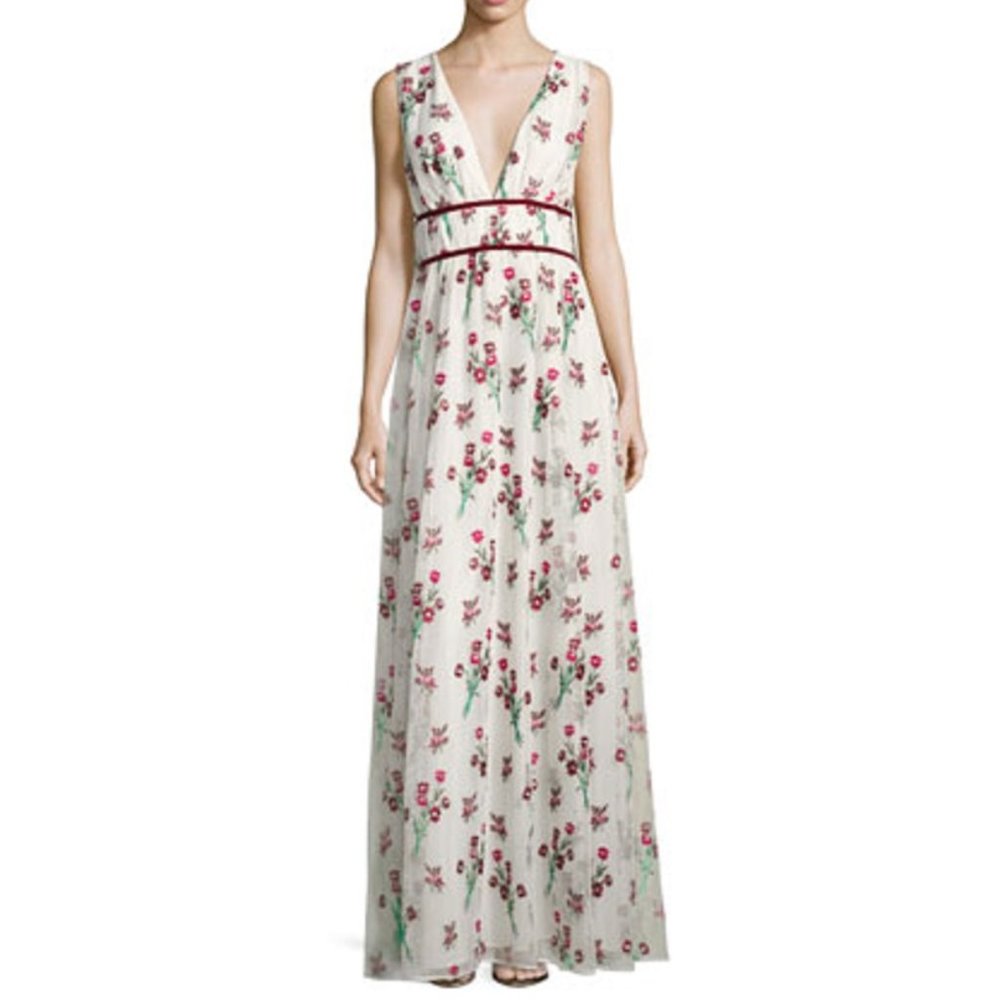 NWT RRP $1,290 ZAC Zac Posen Trudey Red Velvet/Cake Floral Gauze Cape Gown 8